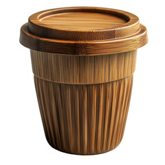 Close up of a wooden cup with a lid on a plain backdrop on transparent background