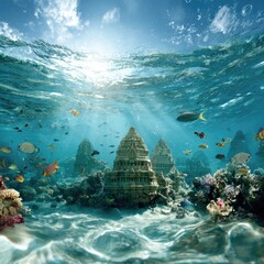 Underwater Temple Ruins Coral Reef And Fish