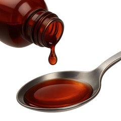 Dispensing amber liquid into spoon creates visually striking image that captures essence of medicine or syrup. rich color and smooth texture evoke sense of care and health