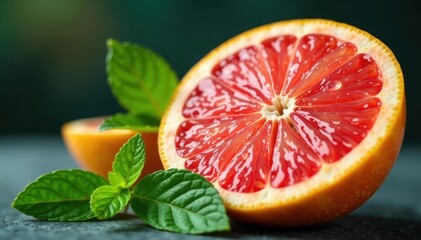 Grapefruit half, mint leaves, water droplets Zesty citrus burst , organic, isolated