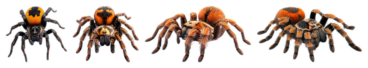 Four Tarantula Spiders With Orange And Black Coloration Are Displayed Against A Transparent Background