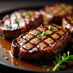Grilled beef steaks with grill marks, close-up , tender, cookout