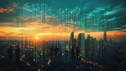 Obraz premium business team stands on the peak of success amid tall, innovative Smart city and graphs with statistics to analyze business potential and predict future developments in company growth., innovative