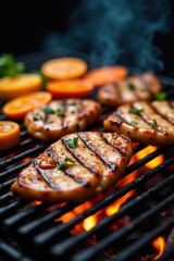 Grilled meats and vegetables sizzling on hot grill grates, lunch, flavorful