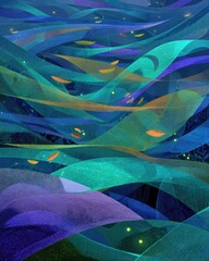 Abstract Glowing Night Landscape With Fish And Colorful Mountains