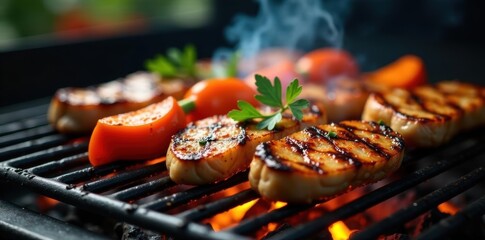 Grilled meats and assorted vegetables sizzle on hot grill grates , barbecue, meal