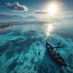 Sunlit Tropical Island View With Shipwreck