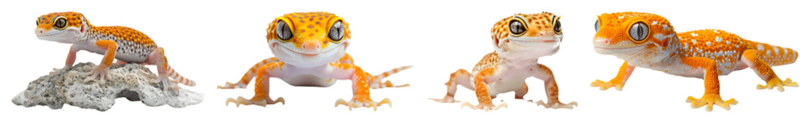 Collection Of Four Leopard Geckos With Orange And White Patterns On A Transparent Background Isolated