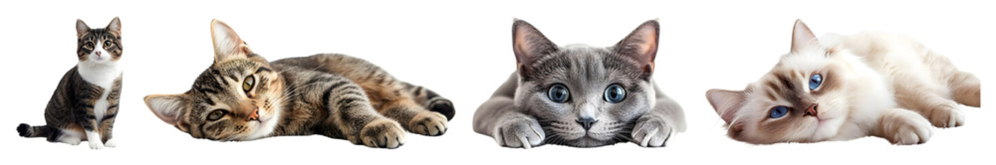 Row Of Four Different Domestic Cats Featuring Varied Colors And Coat Patterns Displayed On A Transparent Background