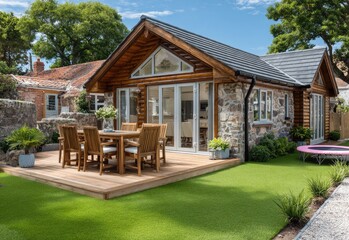 modern luxury house with wooden cladding, yellow walls and roof sherrin on the left side of garden terrace with green artificial grass, dining table and chairs