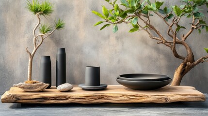 A wooden platform displays black ceramic vases and bowls, along with a small bonsai tree.