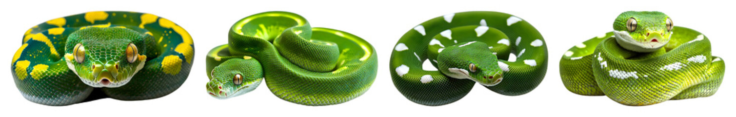 Four Green Tree Pythons Coiled Against A Transparent Background One With Yellow Markings And Two With White Spots
