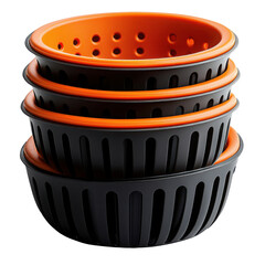 Stack of four containers with orange and solid color on transparent background
