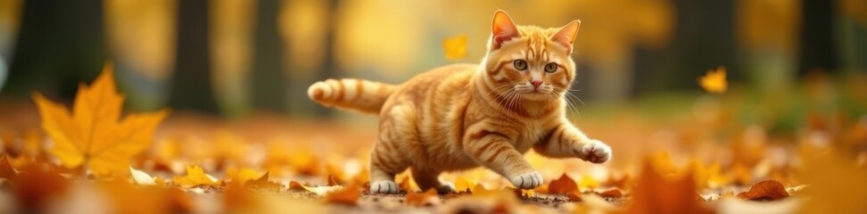 Hilarious ginger cat floats amidst falling leaves , autumn leaves, flight