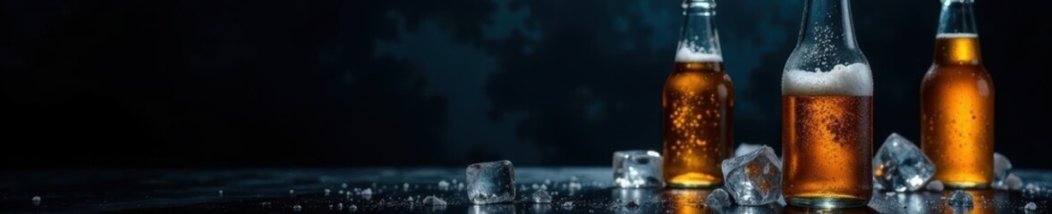 Ice cold beer bottles, condensation, dark background, craft-beer, macro
