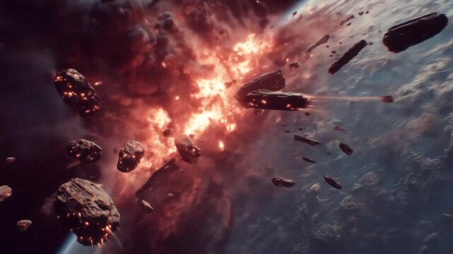 Asteroid Impacting Planet with Space Debris.