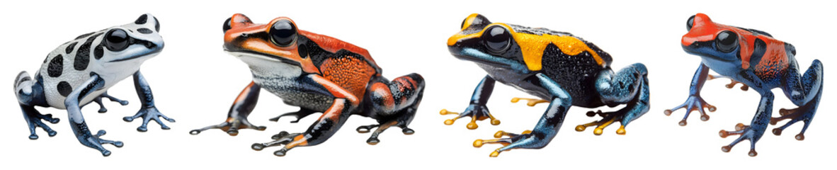 Four Poison Dart Frogs Displaying Their Vibrant Patterns And Coloration Against A Transparent Background