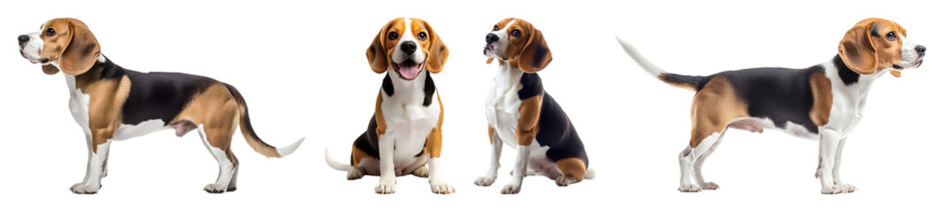 Three Beagle Dogs With Brown Black And White Markings Are Set Against A Transparent Background In Different Poses