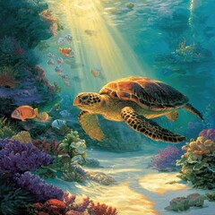 Sea Turtle Swimming Through Coral Reef With Sunlight