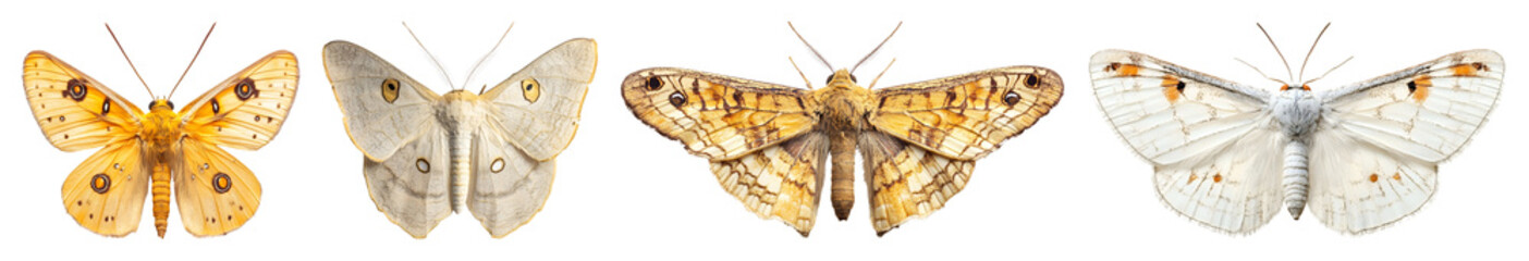 Four Moths Are Aligned Horizontally Featuring Different Patterns And Colors On Their Wings Against A Transparent Background