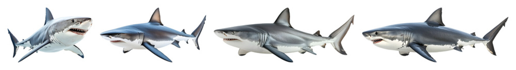 Four Great White Sharks Depicted In Different Postures With Open Mouths Against A Transparent Background