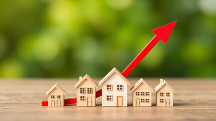 Miniature wooden houses and red arrow up. The concept of increasing the cost of housing. High demand for real estate. The growth of rent and mortgage rates. Sale of apartments. Population grows