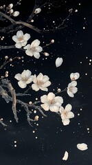 Traditional Chinese black background white flower tree branch illustration poster background