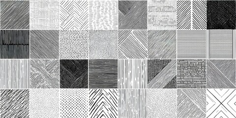 A grayscale image featuring a grid of 25 squares, each showcasing a unique pattern of lines and textures, ranging from subtle to bold