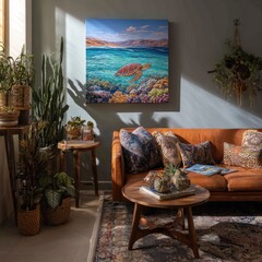 Coastal Turtle Painting In Living Room With Plants