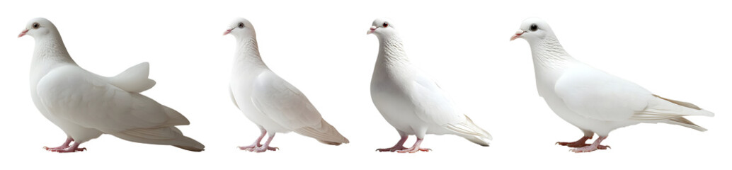 Four White Doves Are Standing In A Row Side View With Transparent Background And Studio Lighting