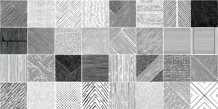 A grayscale image featuring a grid of 25 squares, each showcasing a unique pattern of lines and textures, ranging from subtle to bold