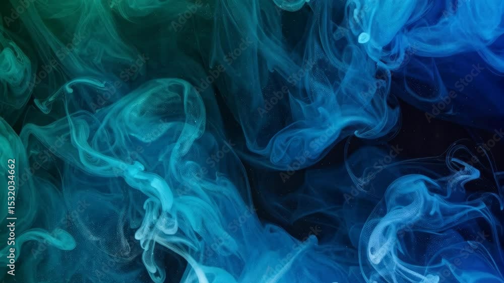 Aufkleber ethereal swirls of blue and teal ink dissolving in water, creating a dynamic abstract composition, f