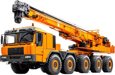 Large Mobile Crane With An Extended Boom And Heavy Duty Tires In Bright Yellow Isolated On A Transparent Background