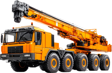 Large Mobile Crane With An Extended Boom And Heavy Duty Tires In Bright Yellow Isolated On A Transparent Background