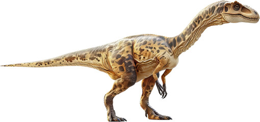 Dilophosaurus dinosaur with mottled brown and beige skin stands on two legs against a dark background