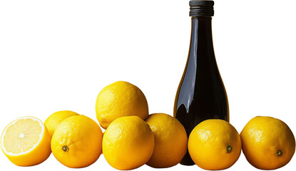 Several Whole Yellow Lemons And One Lemon Half Alongside A Dark Bottle Against A Transparent Background Ready To Isolate