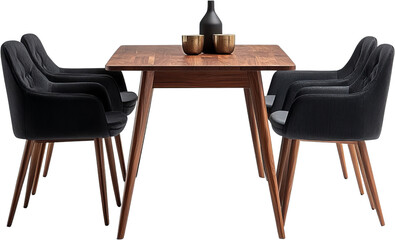 Wooden table with two bronze colored cups and a black bottle on top surrounded by four gray upholstered chairs