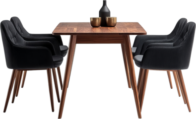 Wooden table with two bronze colored cups and a black bottle on top surrounded by four gray upholstered chairs
