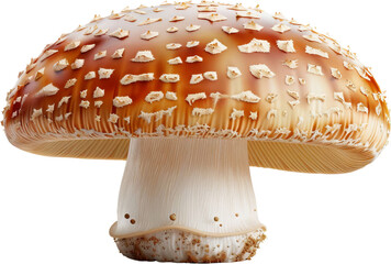 Single Brown Orange Mushroom With White Spots And Gills Against A Transparent Background Suitable For Isolate