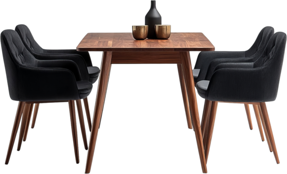 Wooden table with two bronze colored cups and a black bottle on top surrounded by four gray upholstered chairs