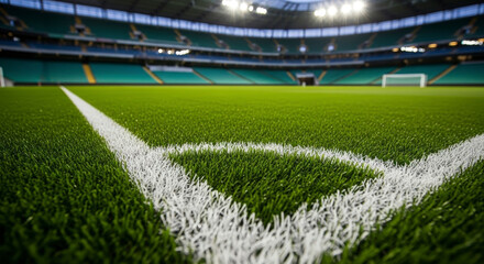 Close Up View Of A Green Artificial Turf Soccer Field Corner With White Lines And Empty Stadium Background