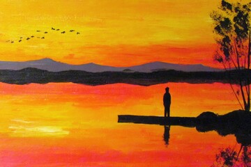 Vibrant Sunset Over Calm Lake With Silhouette Figure