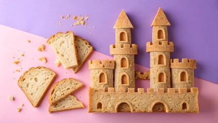 Creative Bread Castle on Colorful Background with Slices Nearby