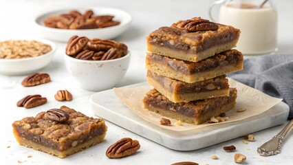 Delicious Pecan Bars Stacked on a White Plate with Nuts and Oatmeal