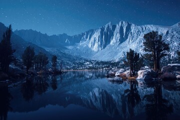Starry Night Mountain Lake Scene
