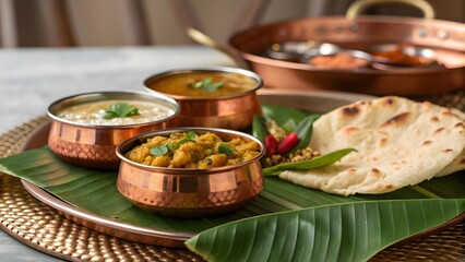 Traditional Indian Cuisine with Copper Bowls and Fresh Ingredients