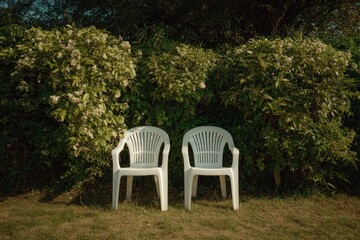 Two white plastic chairs sit side-by-side on a grassy lawn, nestled before a lush green hedge blooming with delicate white flowers, bathed in soft, natural sunlight