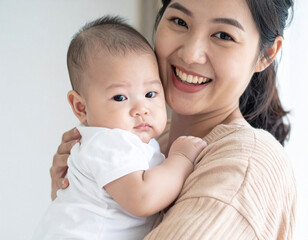 Asian Mother Holding Baby with Loving Care