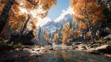 Autumnal Mountain Forest With Cabin And Deer