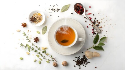 Aromatic Herbal Tea with Spices and Fresh Ingredients on White Surface